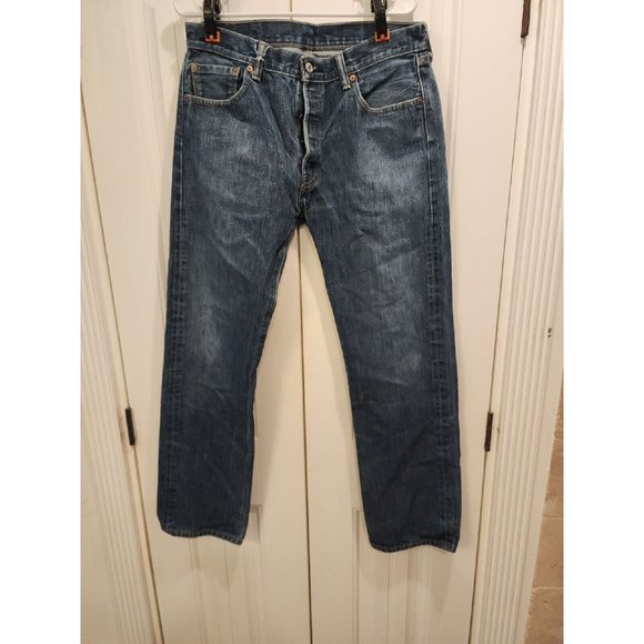 MEN'S LEVIS 501 SZ 33X34 LEVIS DARK WASH BOOT CUT BUTTON FLY 80'S 90'S JEANS - Picture 1 of 10